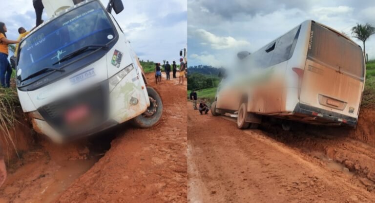 Microônibus desliza na Transgarimpeira e quase tomba