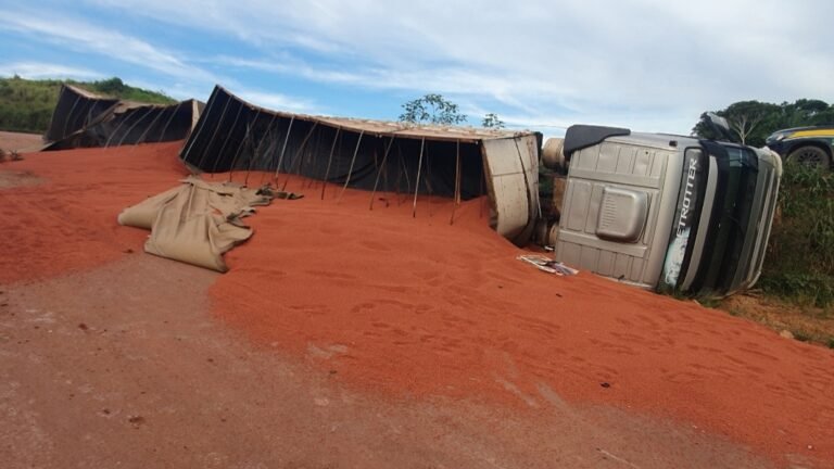 Carreta carregada com adubo tomba na BR 230, em Miritituba