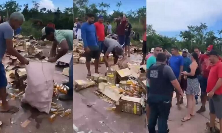 Caminhão com carga de cerveja tomba na Rodovia Transamazônica, em Itaituba