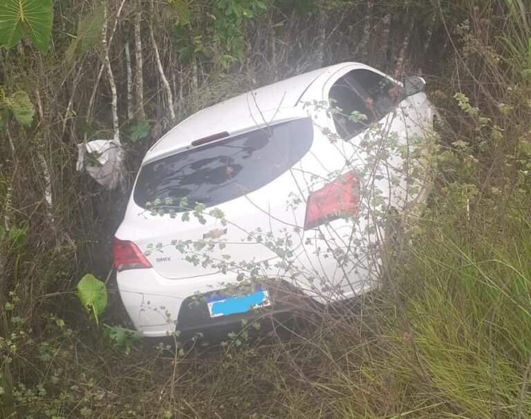 Motorista perde o controle de carro e vai parar em meio ao mato em ribanceira