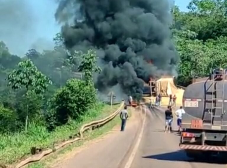 Vídeo: Caminhão  carregado de milho tomba e pega fogo na BR 230