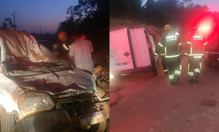 Veículo colide contra animal, capota, e motorista fica preso nas ferragens na BR-230 em Itaituba, no PA