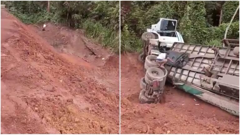 VÍDEO: Carreta tomba após motorista perder o controle da direção na BR-163, entre Rurópolis e Santarém
