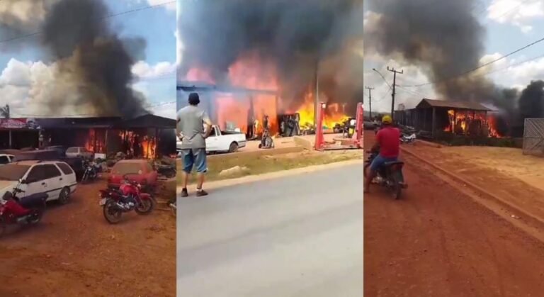 Fogo ateado em terreno baldio destrói 4 comércios e uma casa