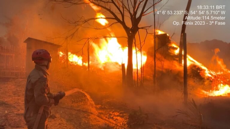 Bombeiros Militares combatem incêndio na zona urbana do município de Rurópolis, no PA