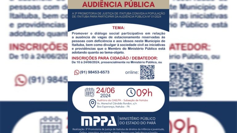 Convite para Audiência Pública sobre estacionamento para pessoas com deficiência e idosos em Itaituba