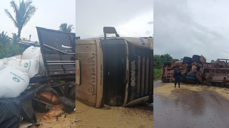 Colisão envolvendo três caminhões interdita trecho da BR-163 em Trairão