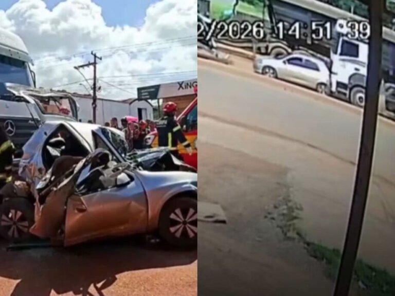 VÍDEO; Motorista morre e duas pessoas ficam feridas após carro ser prensado por caminhões em Santarém