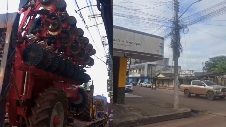 VÍDEO; Carretas com máquinas agrícolas rompem fiação e danificam semáforos em Itaituba