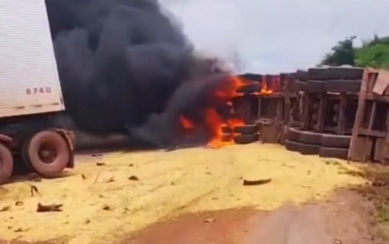 VÍDEO; Acidente grave é registrado na BR-163 e carreta pega fogo próximo a Moraes Almeida