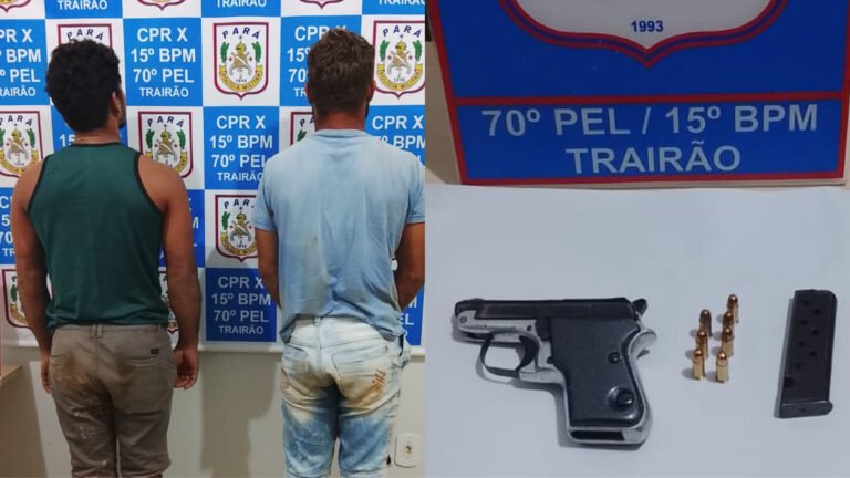 Dupla é conduzida à delegacia após apreensão de pistola e munições na zona rural de Trairão