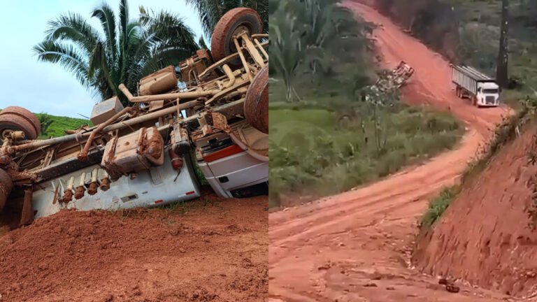 VÍDEO; Caminhão-tanque tomba em estrada escorregadia no interior de Novo Repartimento