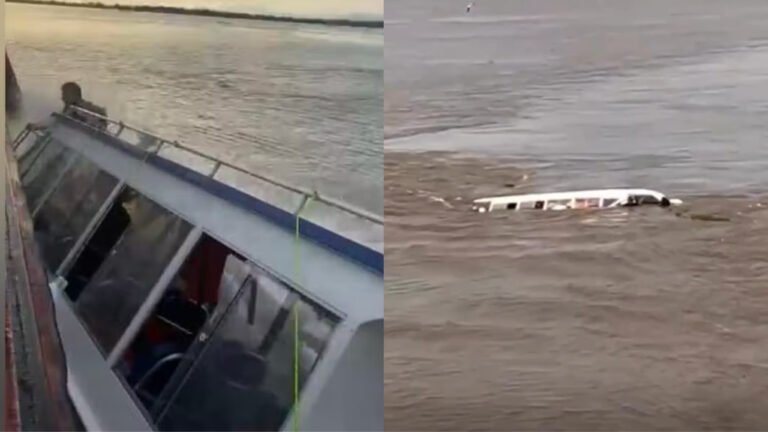 VÍDEO; Tentativa de alcançar balsa termina com lancha naufragada no Rio Amazonas, em Santarém